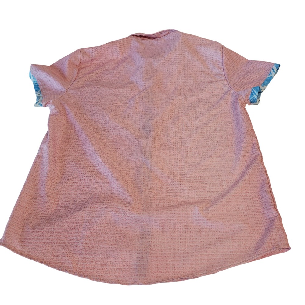 Unbranded Short Sleeve Button Down Men Medium Pink Plaid Trim Textured Shirt - Picture 6 of 6